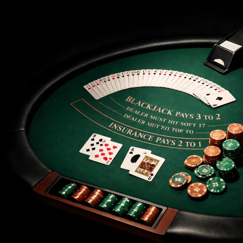 Stół do blackjacka z profesjonalnym suknem, kartami i żetonami w kolorach miedzi i szmaragdu