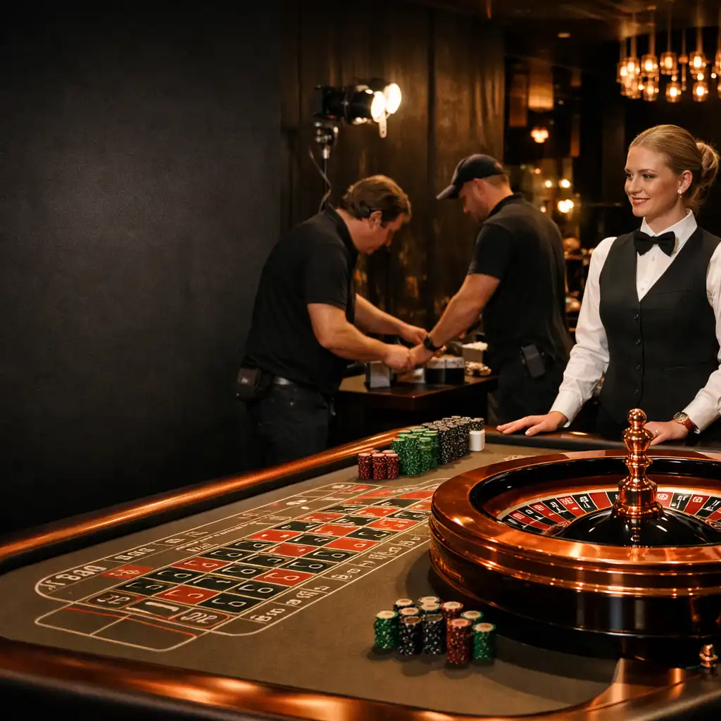 Zespół Eventvarin przygotowujący prawdziwy stół do ruletki w eleganckiej ciemnej sali